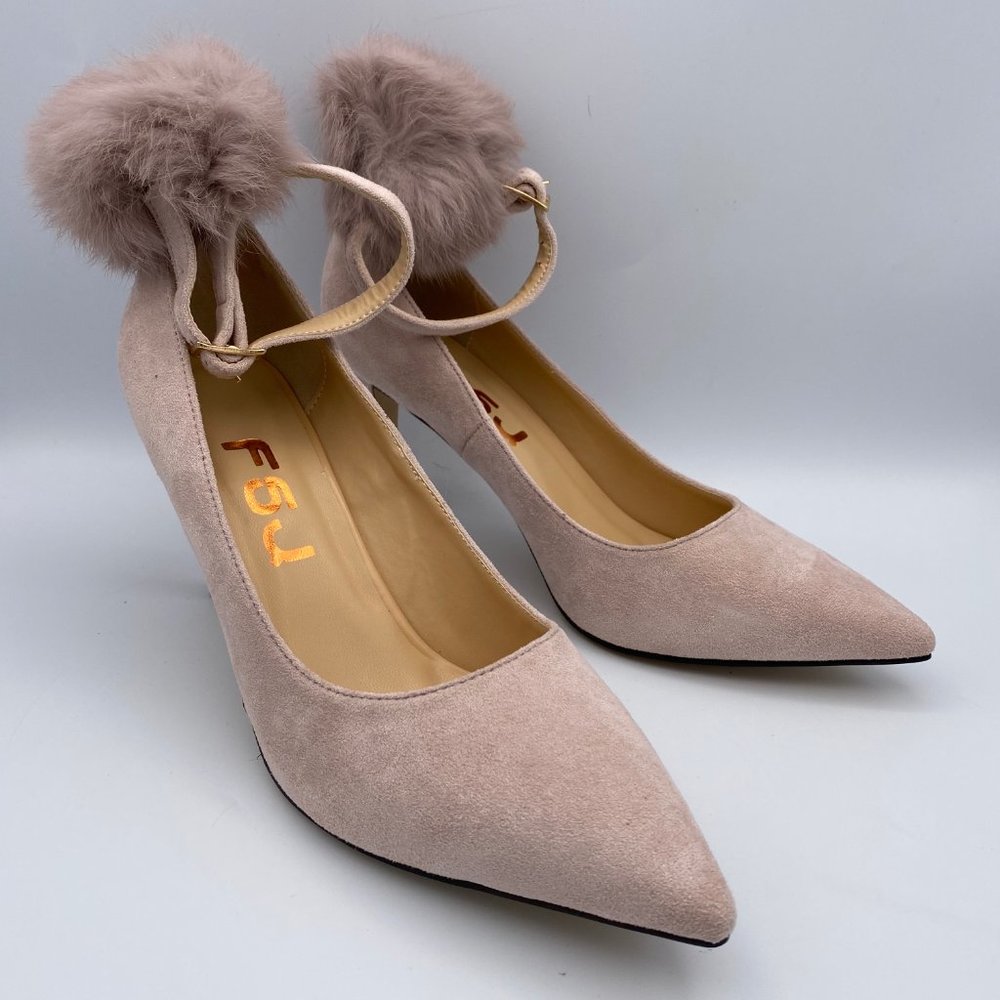 FSJ Ankle Strap Heels Suede Pumps Fluffy Ball - Picture 4 of 8
